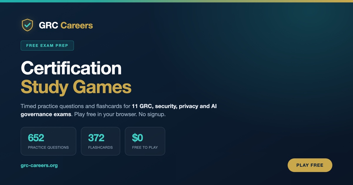 Free GRC certification study games: 652 practice questions and 372 flashcards across 11 exams and frameworks